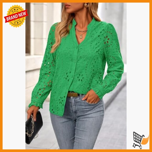 Long Sleeve Button Down Blouse with Floral Embroidery V-Neck Loose Fit - Picture 3 of 7